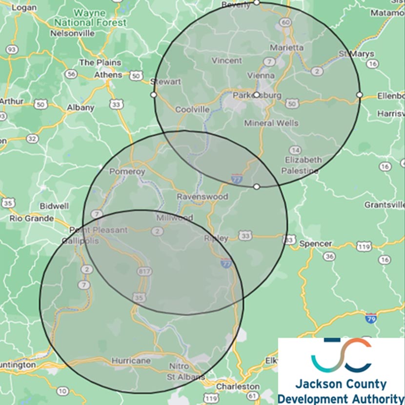 BUILD WV Jackson County Designation 20-mile radius map